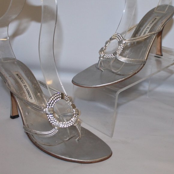 Manolo Blahnik Shoes - Manolo Blahnik Silver Crystal Stiletto Heels Slides Sandals Shoes
